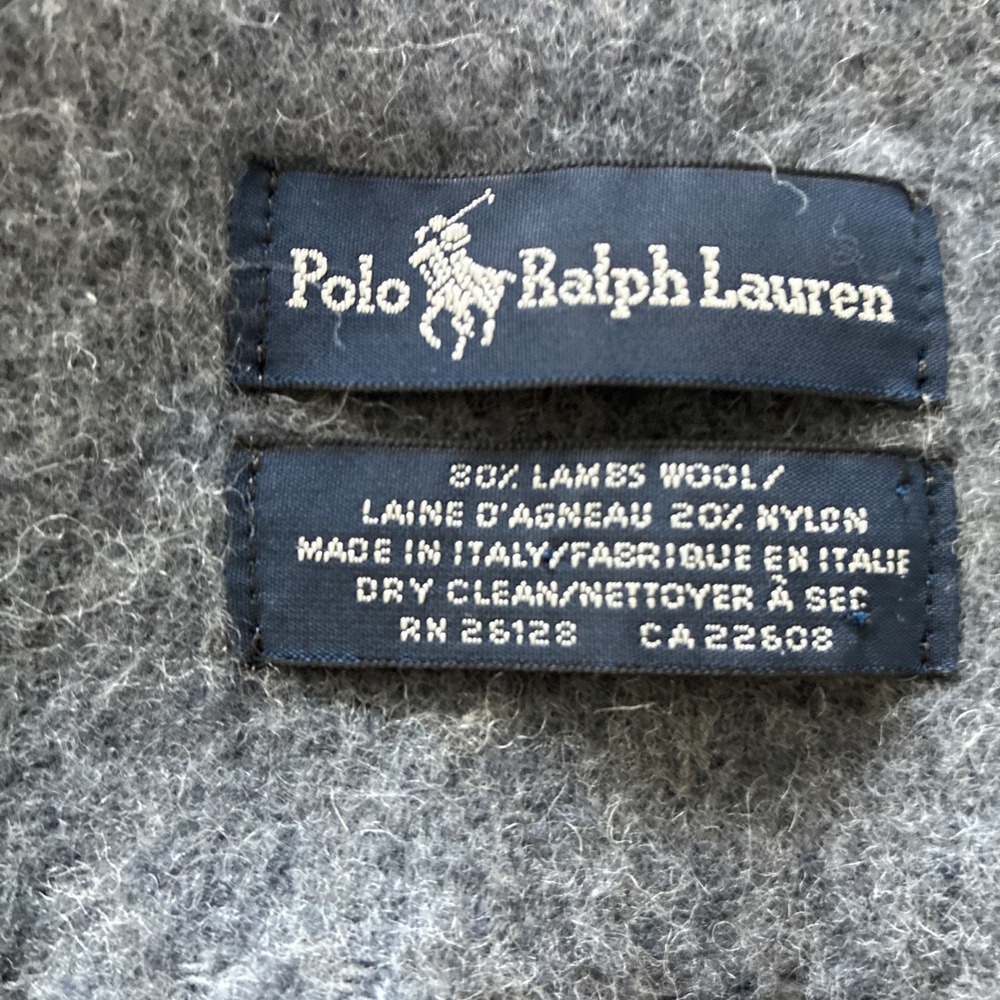 Vintage Polo Ralph Lauren Grey & Blue Reversible Lambswool Blend Fringe Scarf - Picture 10 of 13
